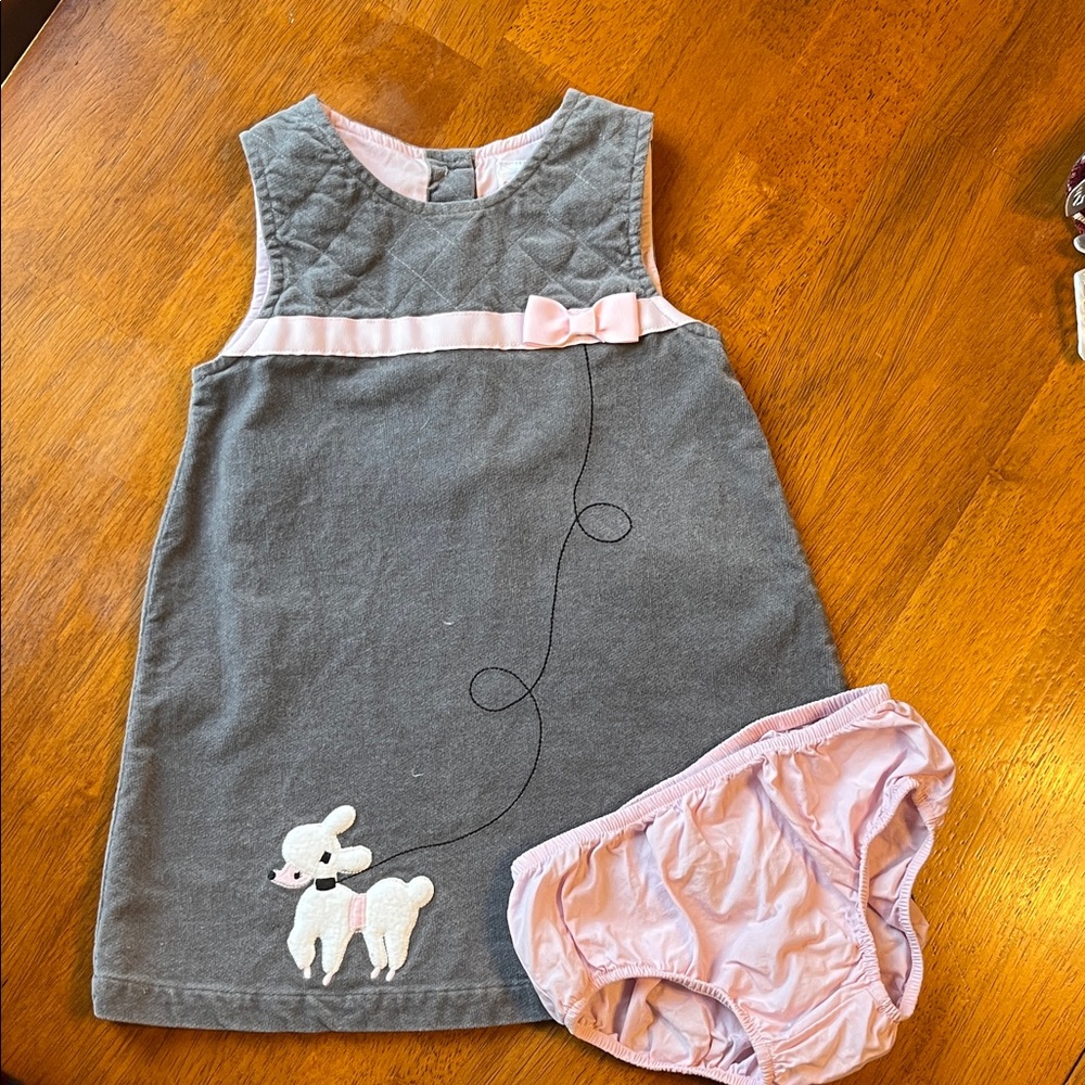 Gymboree Gray and Pink Kids Dress with Poodle Design and matching bloomers.